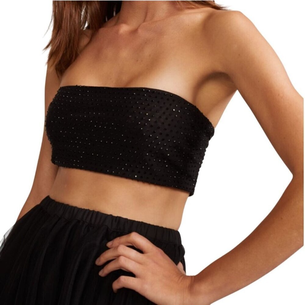 Cynthia Rowley Crop Top Women XS Black Rhinestone Mesh Strapless Bandeau Party